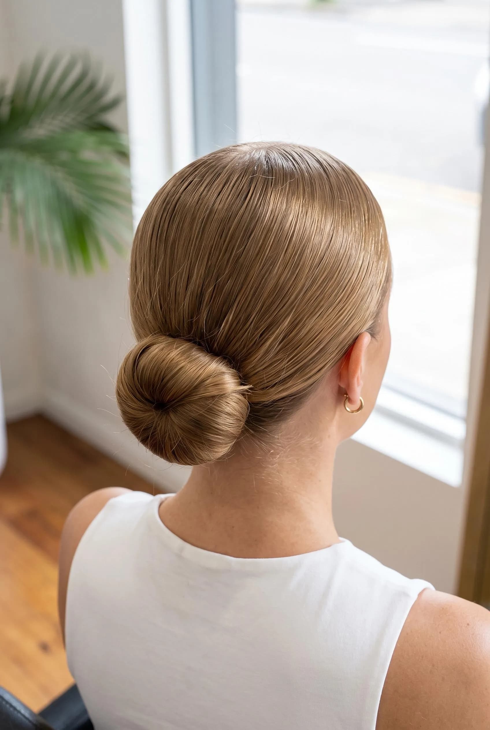 Classic low sleek bun with a centre part on light golden brown hair
