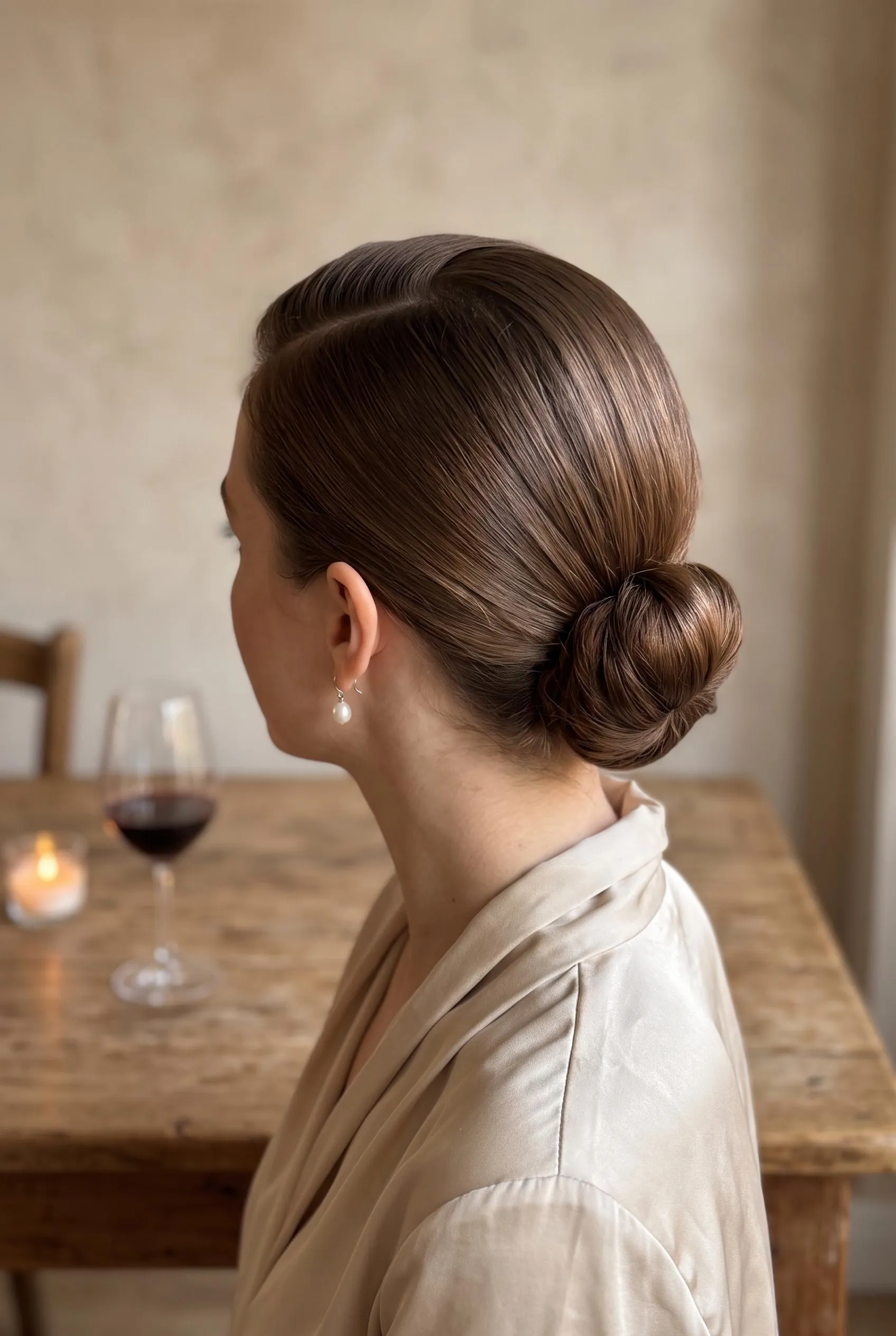 Deep side part swept into a low sleek bun on chestnut hair