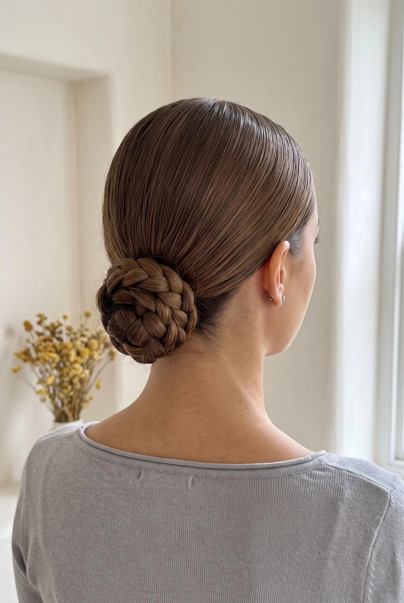 Low bun made from a coiled braid with a smooth middle part