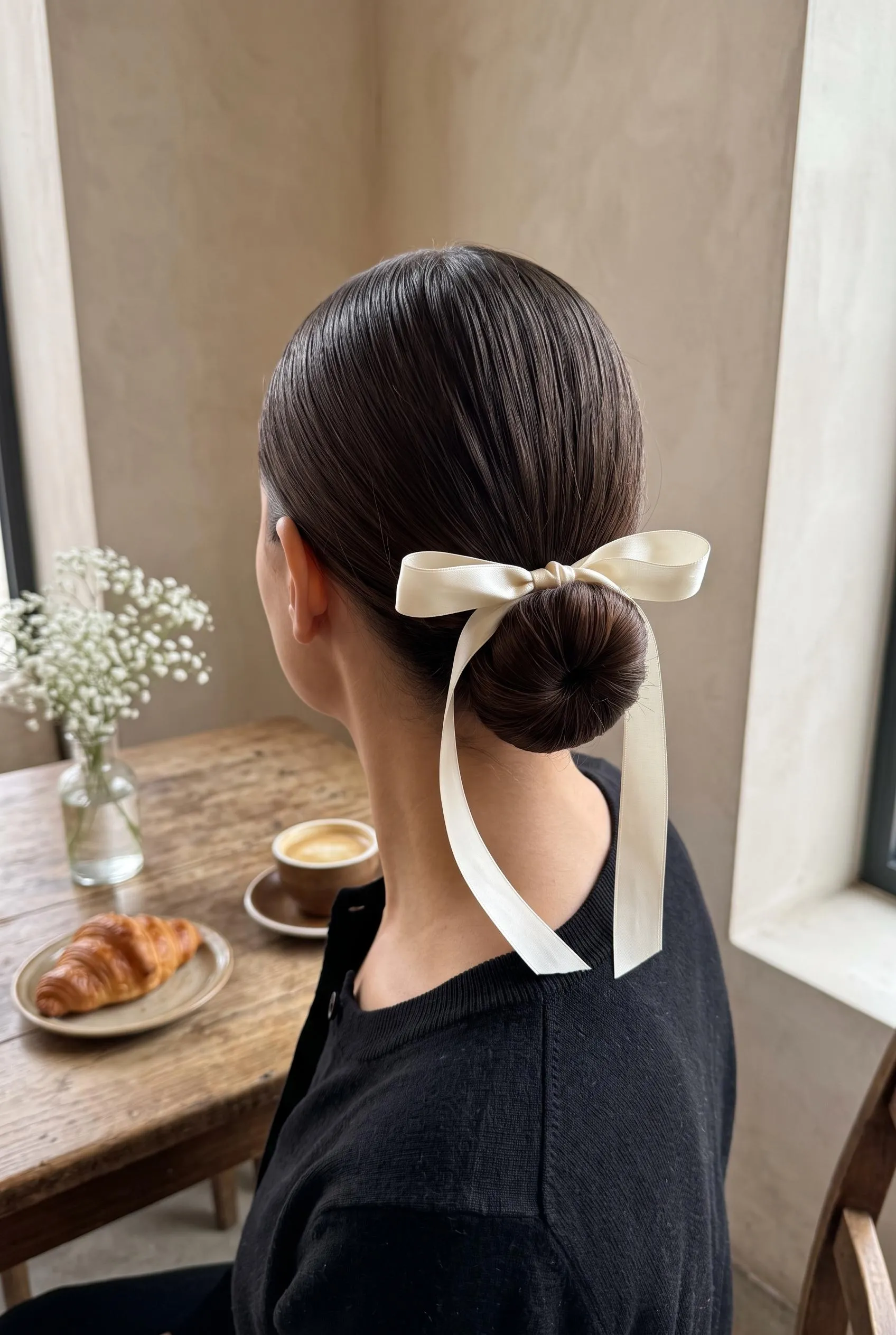 Sleek low bun tied with an ivory satin bow on dark brown hair
