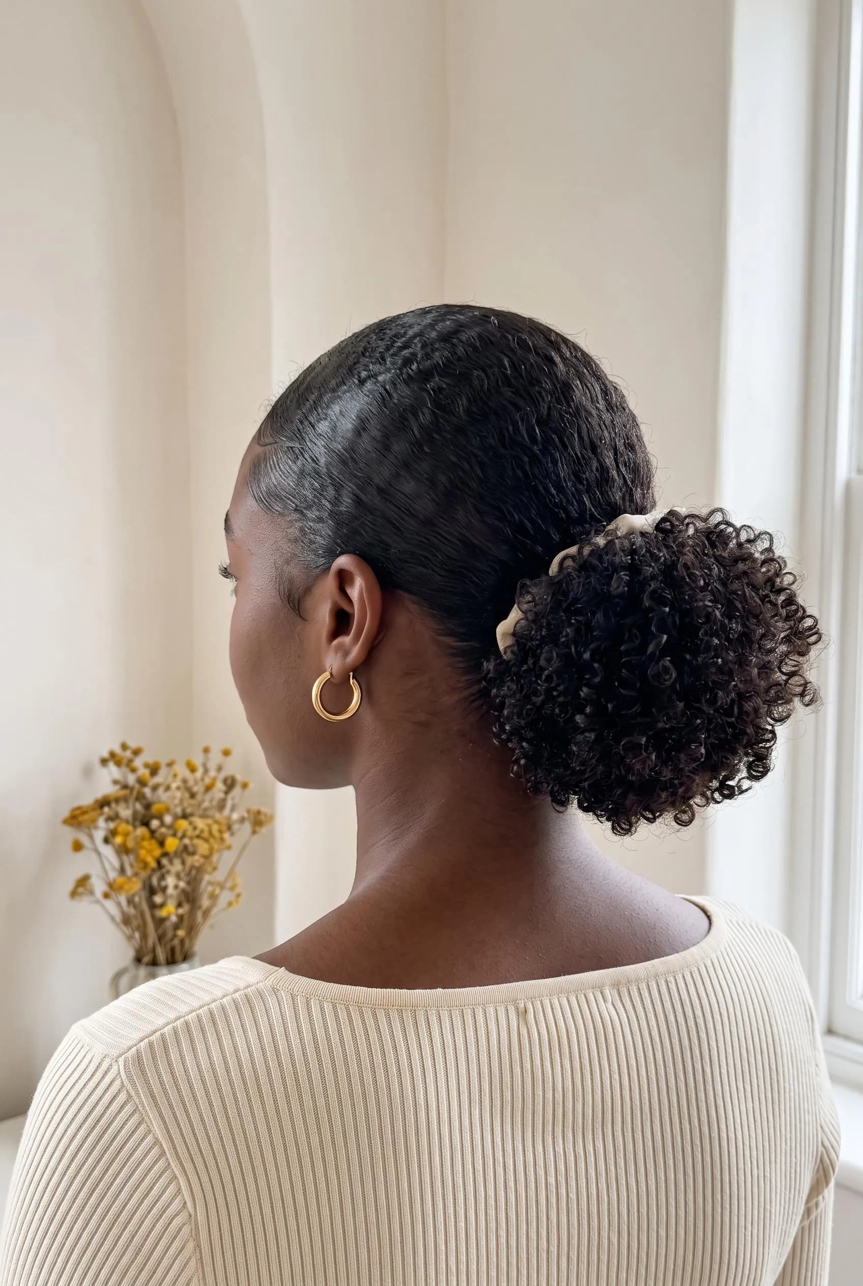 Natural curls with sleek gelled edges gathered into a full curly low bun