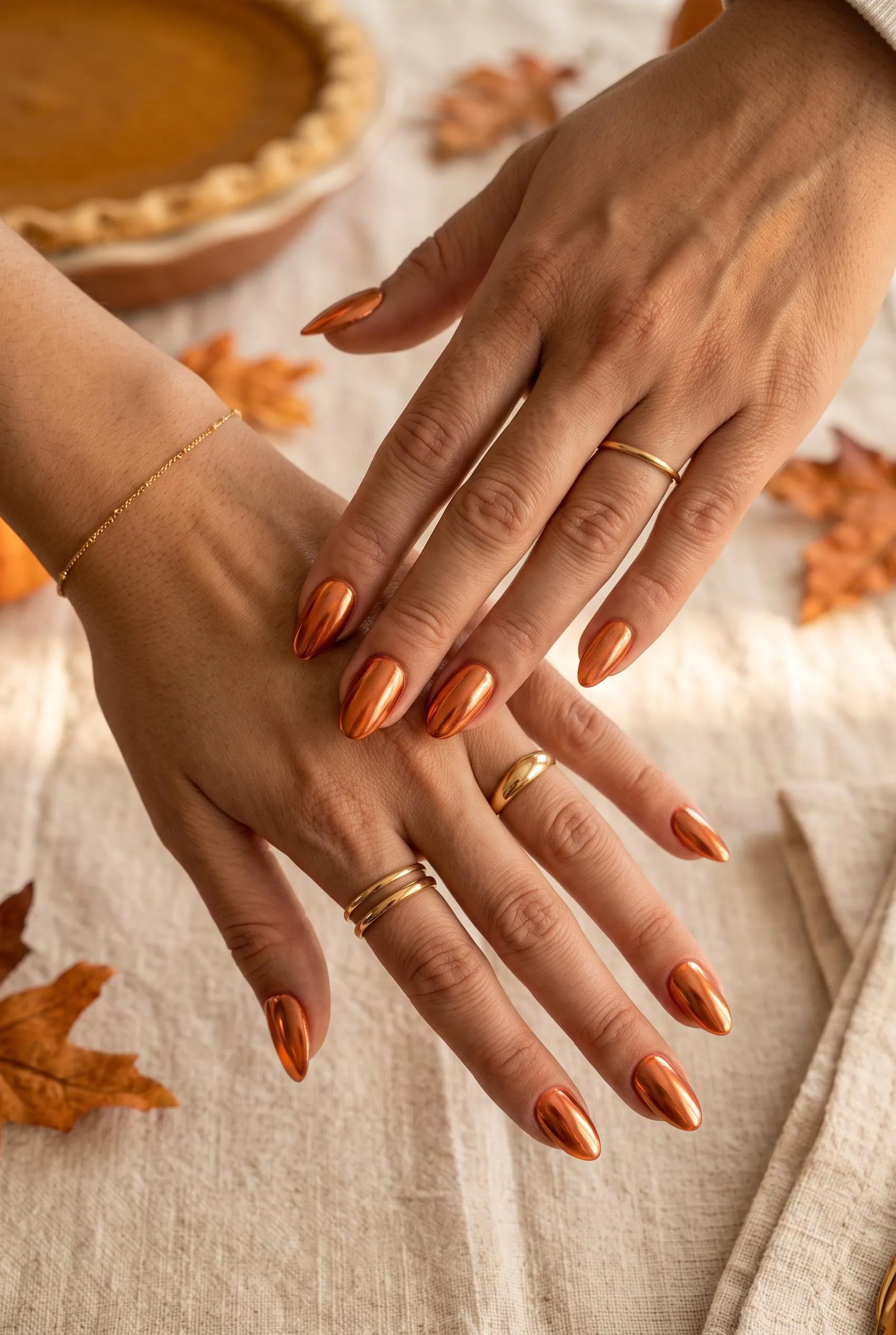 Copper chrome almond nails next to a pumpkin pie and autumn leaves