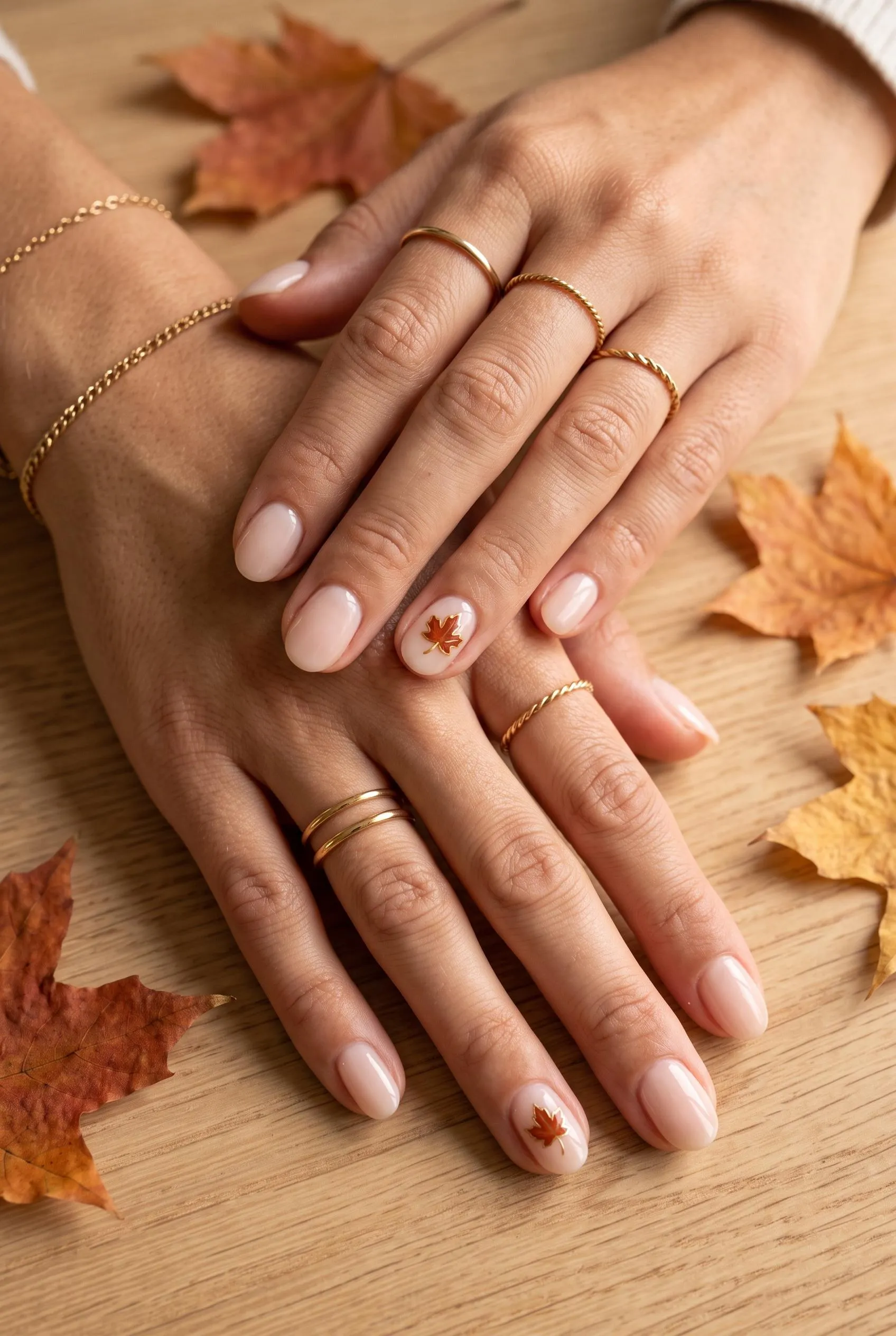 Short milky nude oval nails with a tiny rust maple leaf on the ring fingers