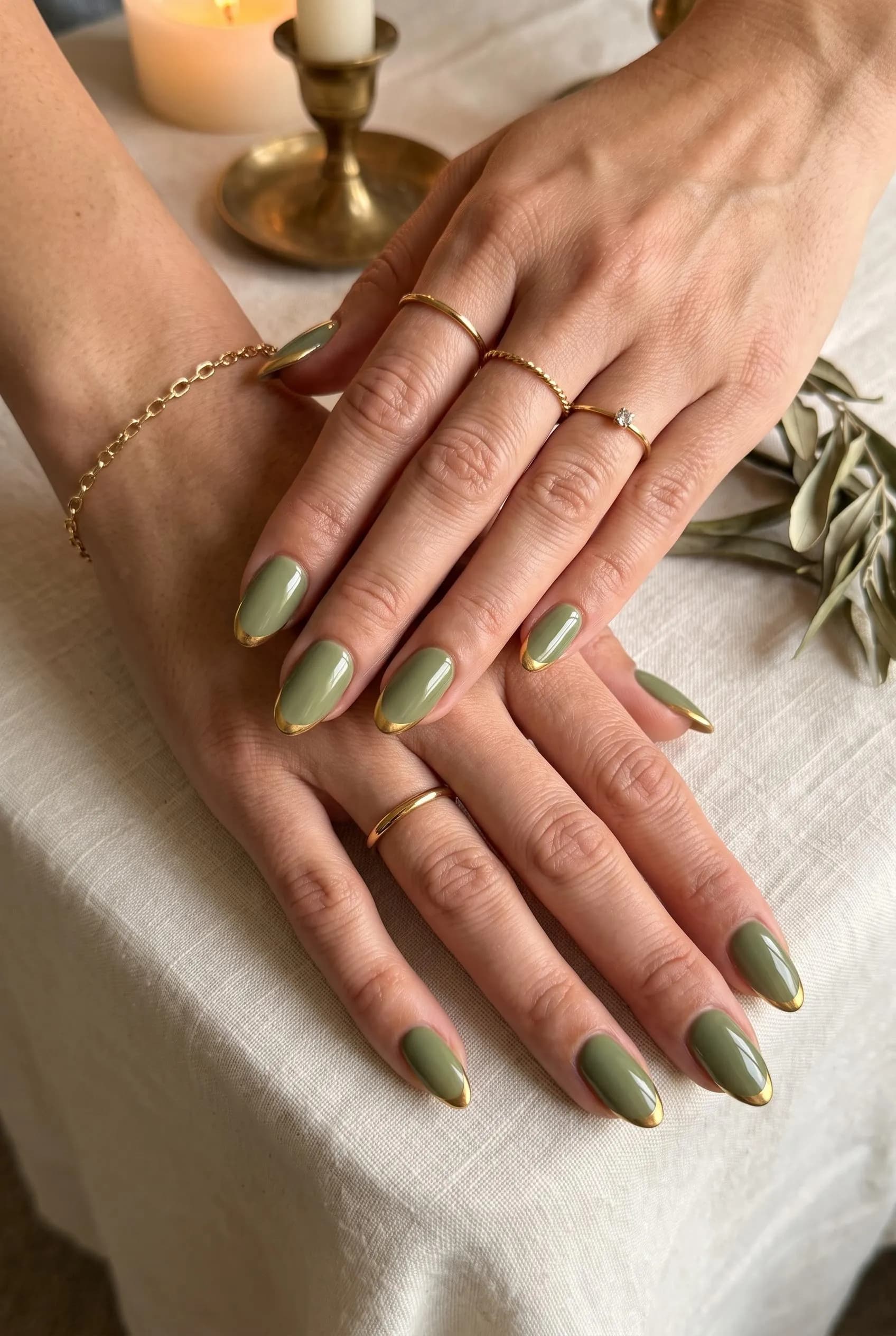 Muted olive green almond nails with thin gold French tips by candlelight