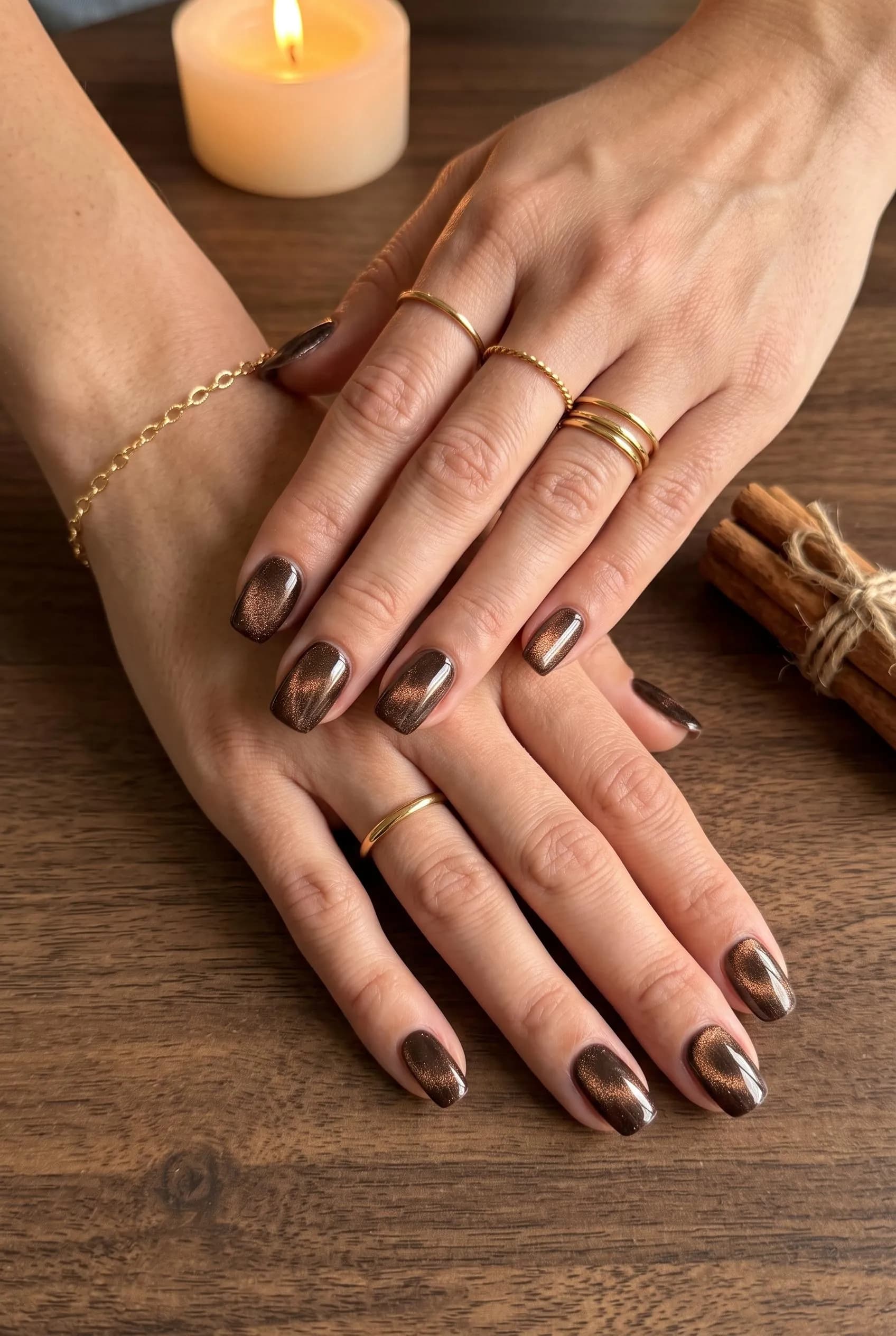 Short espresso brown velvet cat eye nails with cinnamon sticks and a candle