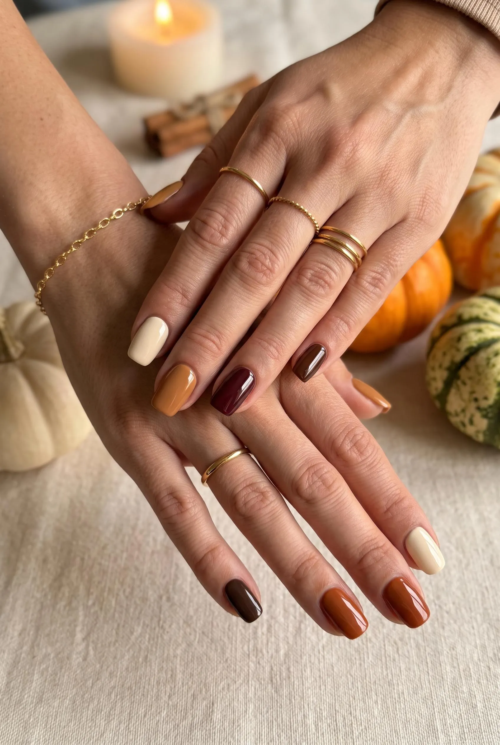 Fall skittle nails in cream, caramel, rust, burgundy and chocolate with mini pumpkins