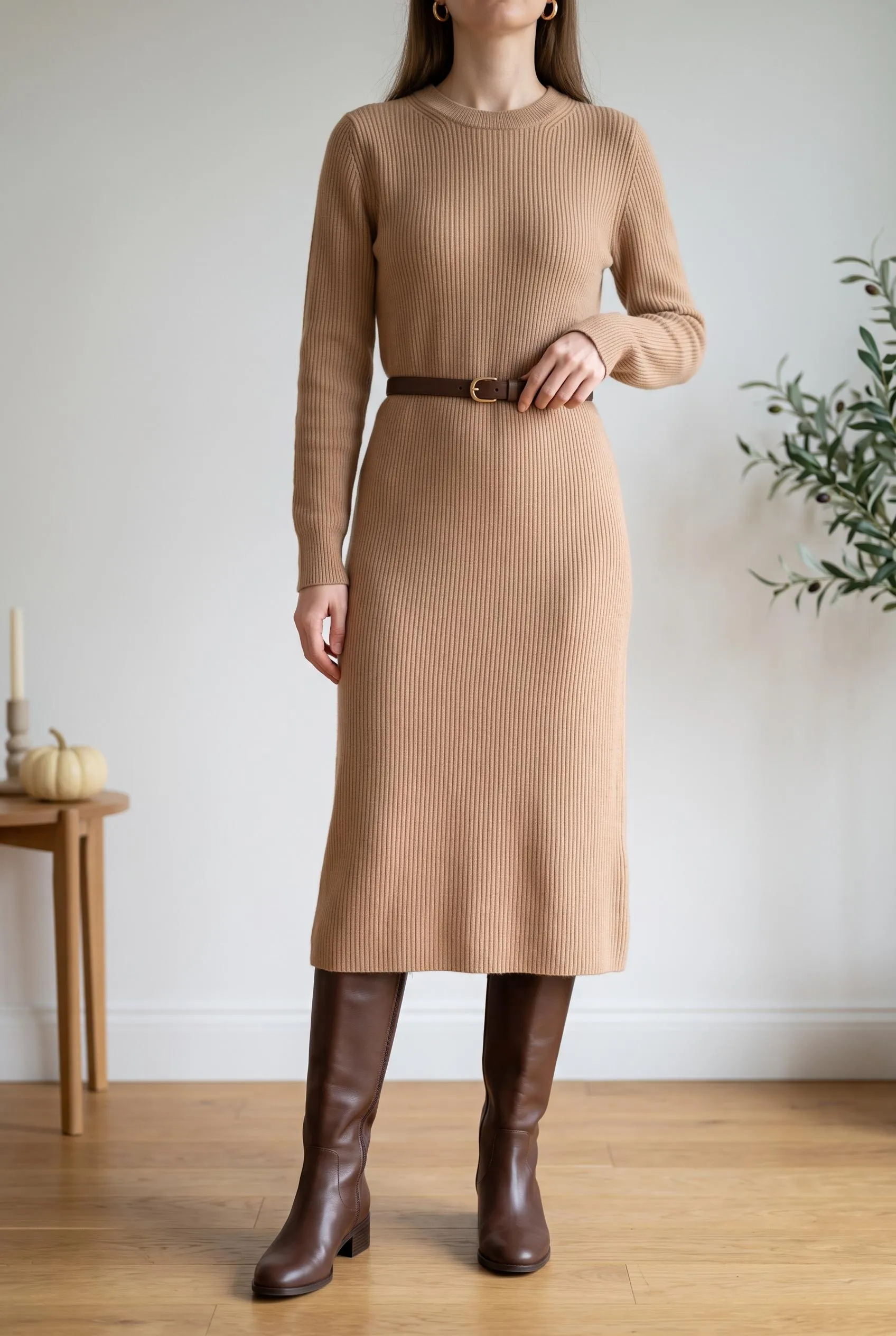 Belted camel ribbed knit midi dress with chocolate brown knee boots