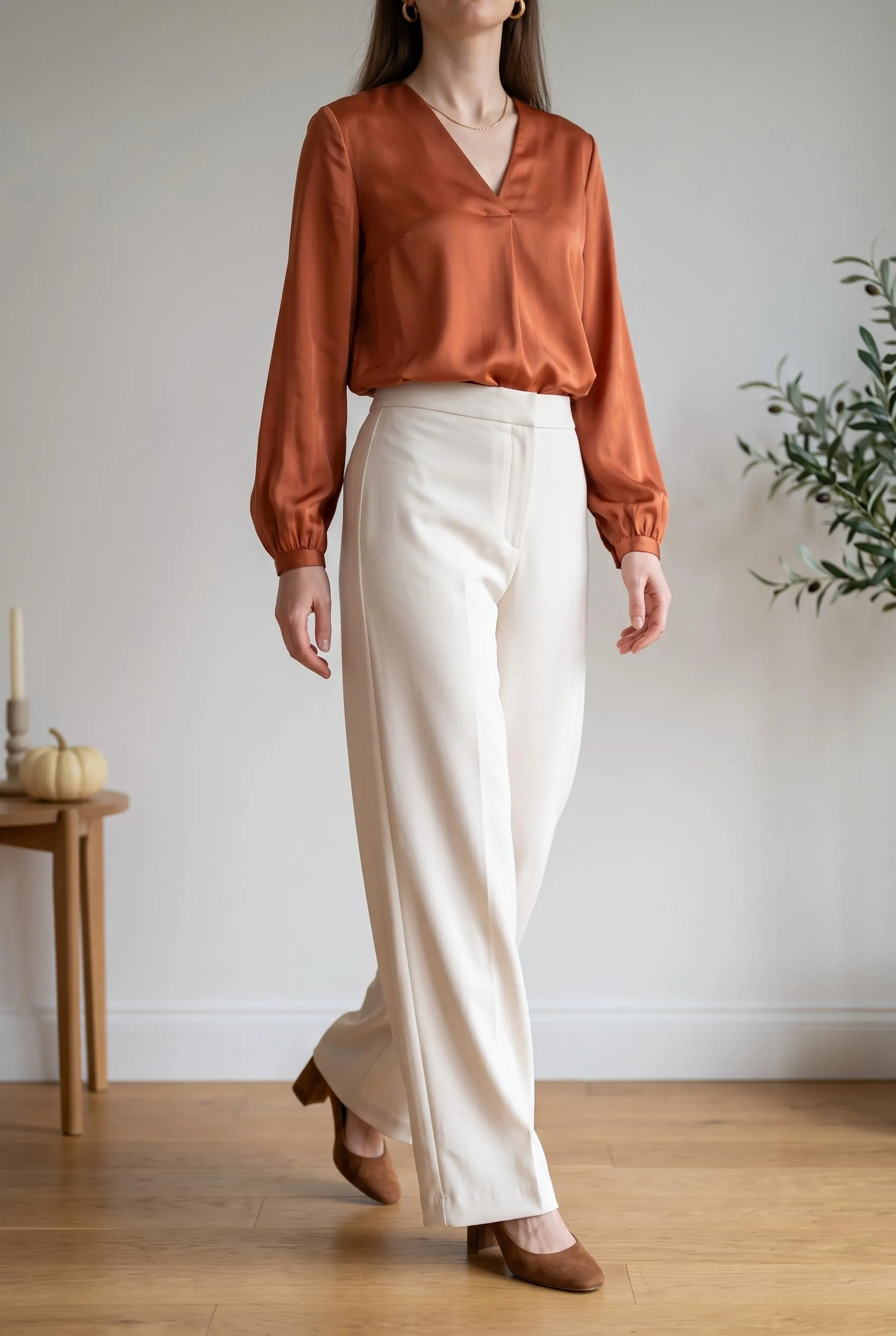 Rust satin blouse tucked into cream wide-leg trousers with brown suede block heels