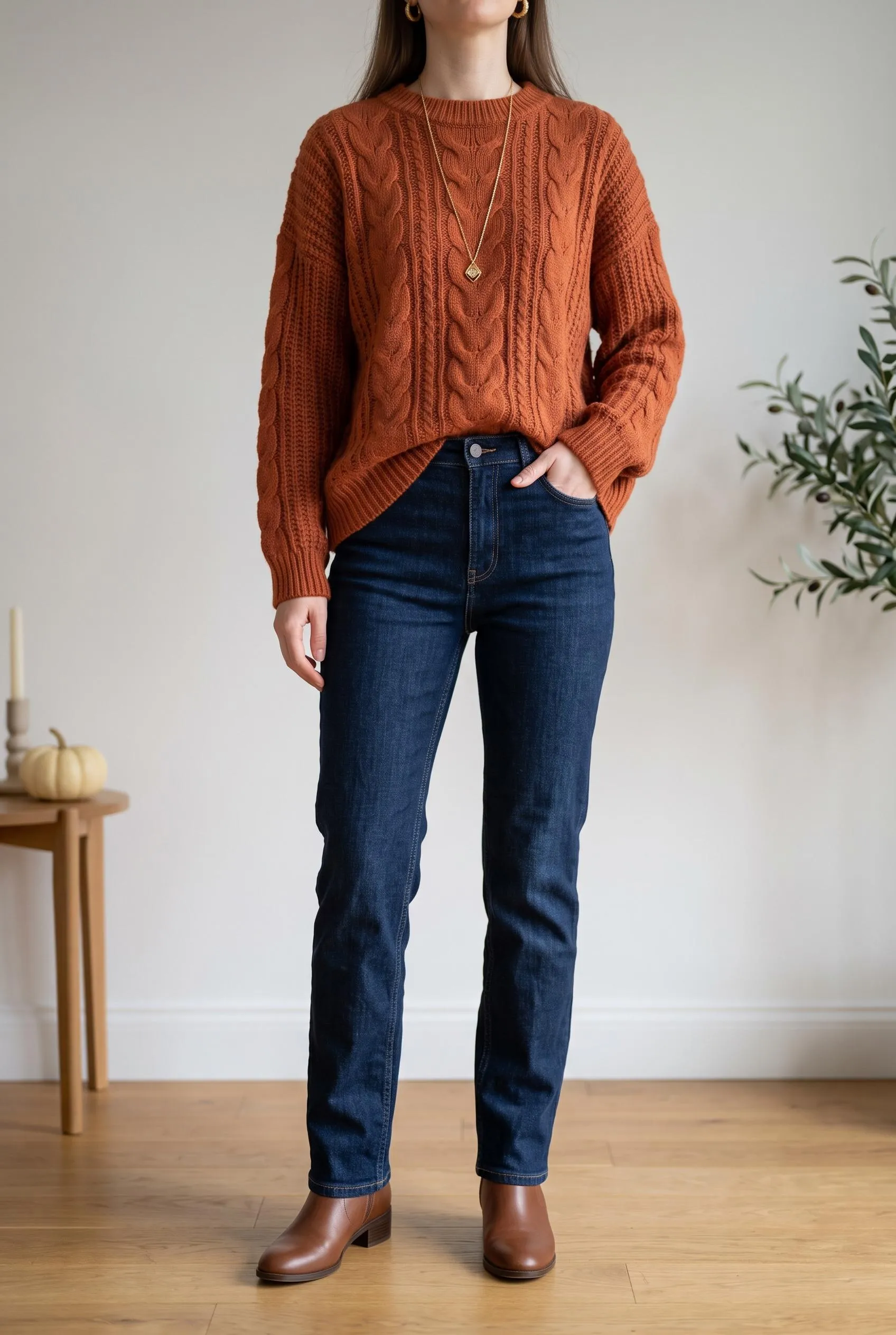Chunky rust cable-knit sweater with dark indigo straight-leg jeans and brown ankle boots