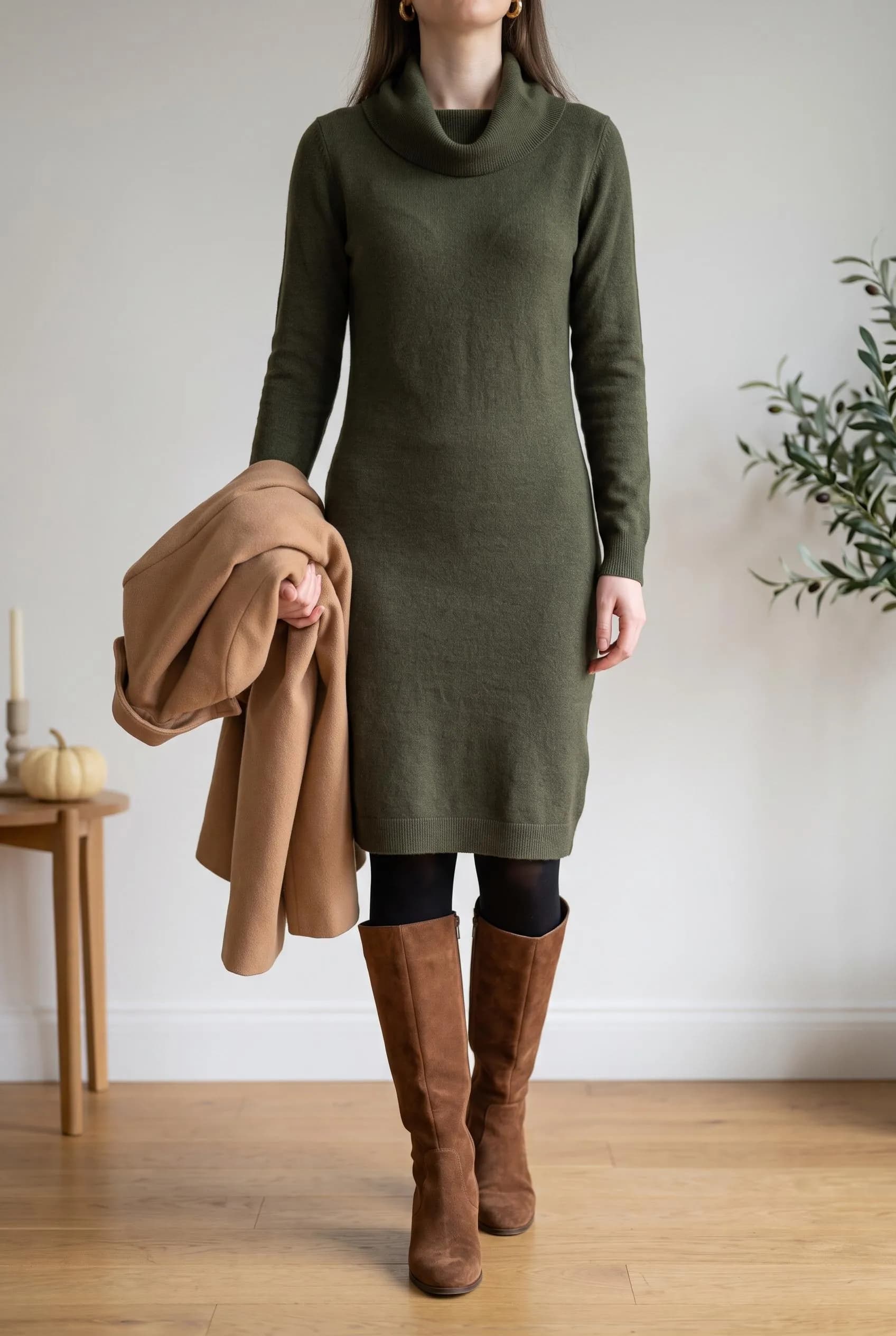 Olive cowl-neck sweater dress with black tights and brown suede knee boots, a camel coat over one arm