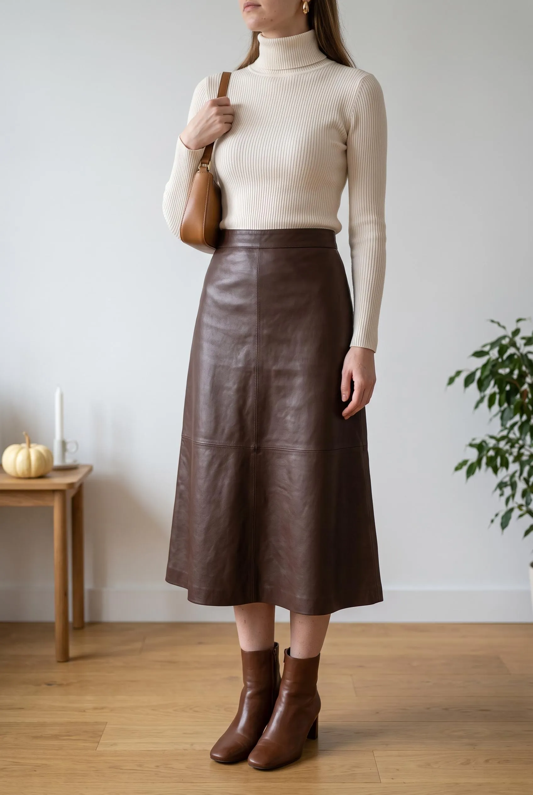 Cream ribbed turtleneck tucked into a chocolate leather midi skirt with brown ankle boots