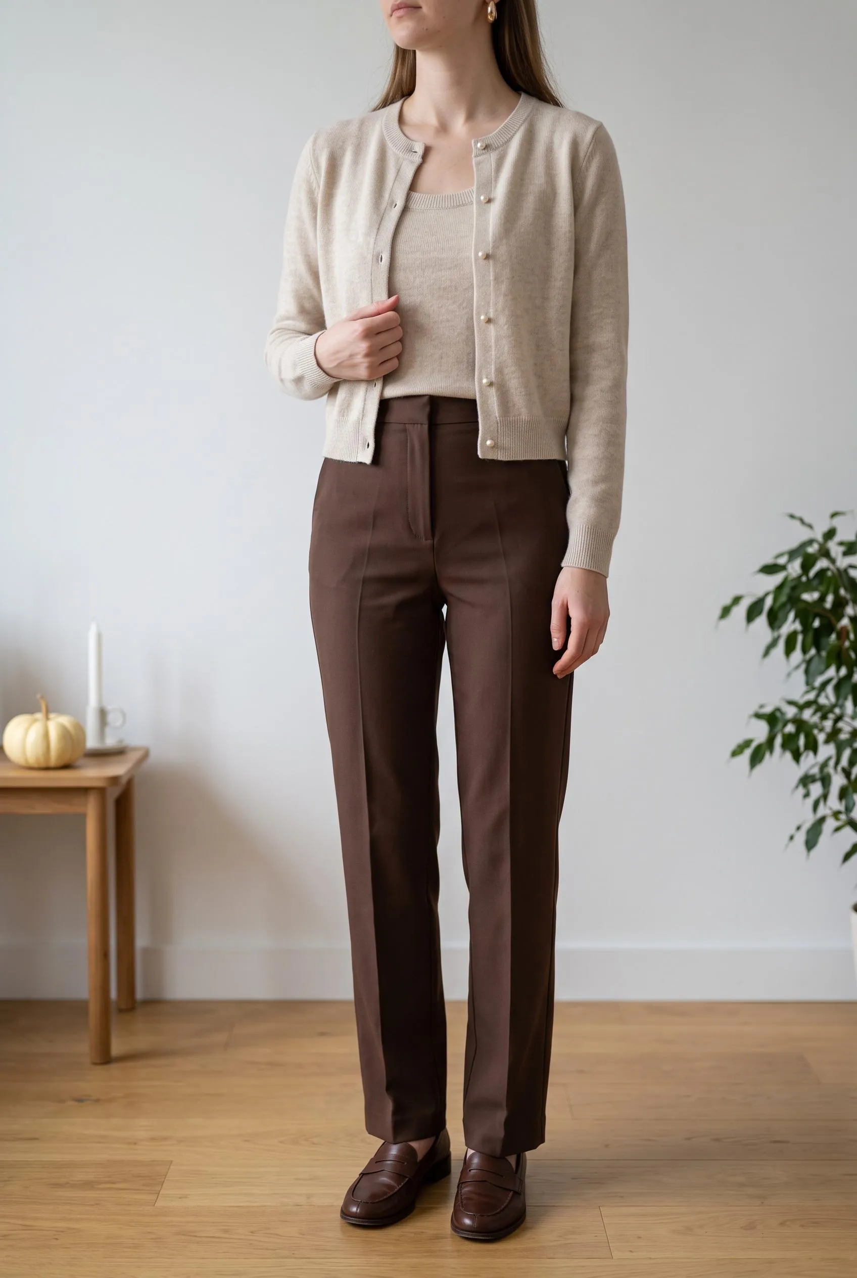 Oatmeal knit cardigan and tank set with chocolate straight trousers and brown loafers