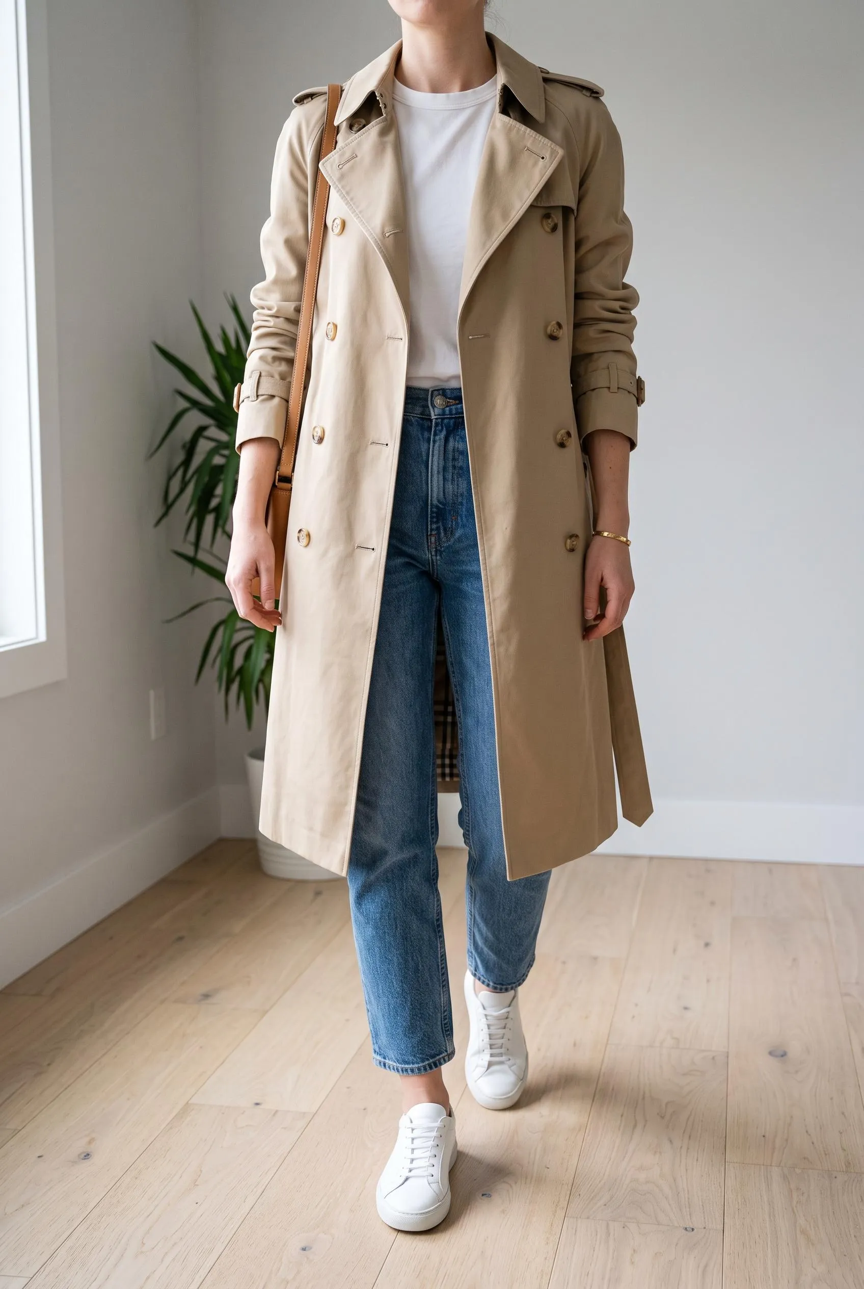 Open beige trench coat over a white tee with straight blue jeans and white sneakers