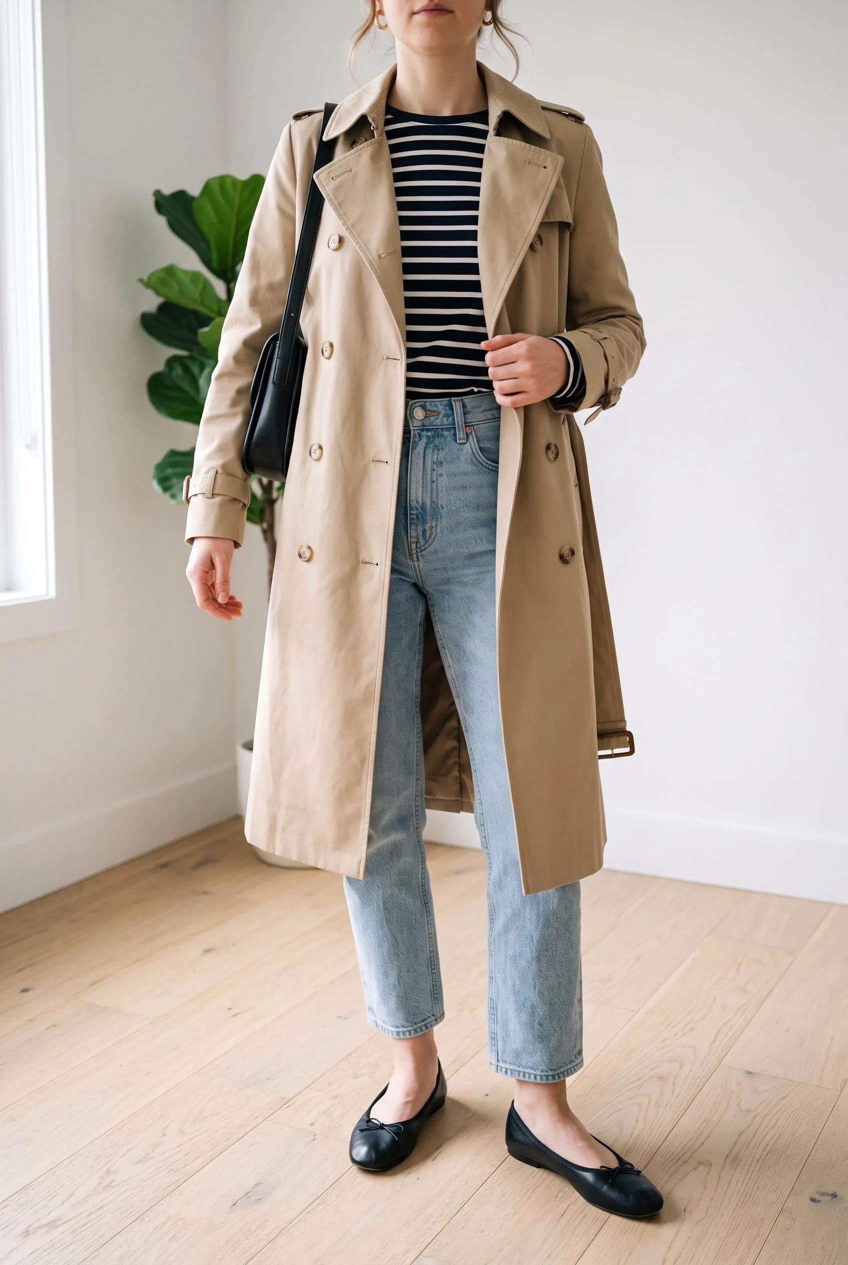 Beige trench coat over a navy Breton striped top with light-wash jeans and black ballet flats