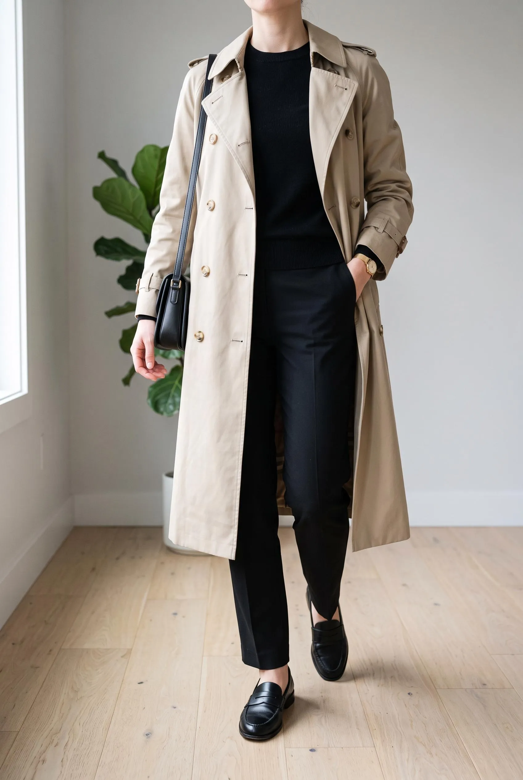 Long beige trench coat over a black knit and black trousers with black loafers