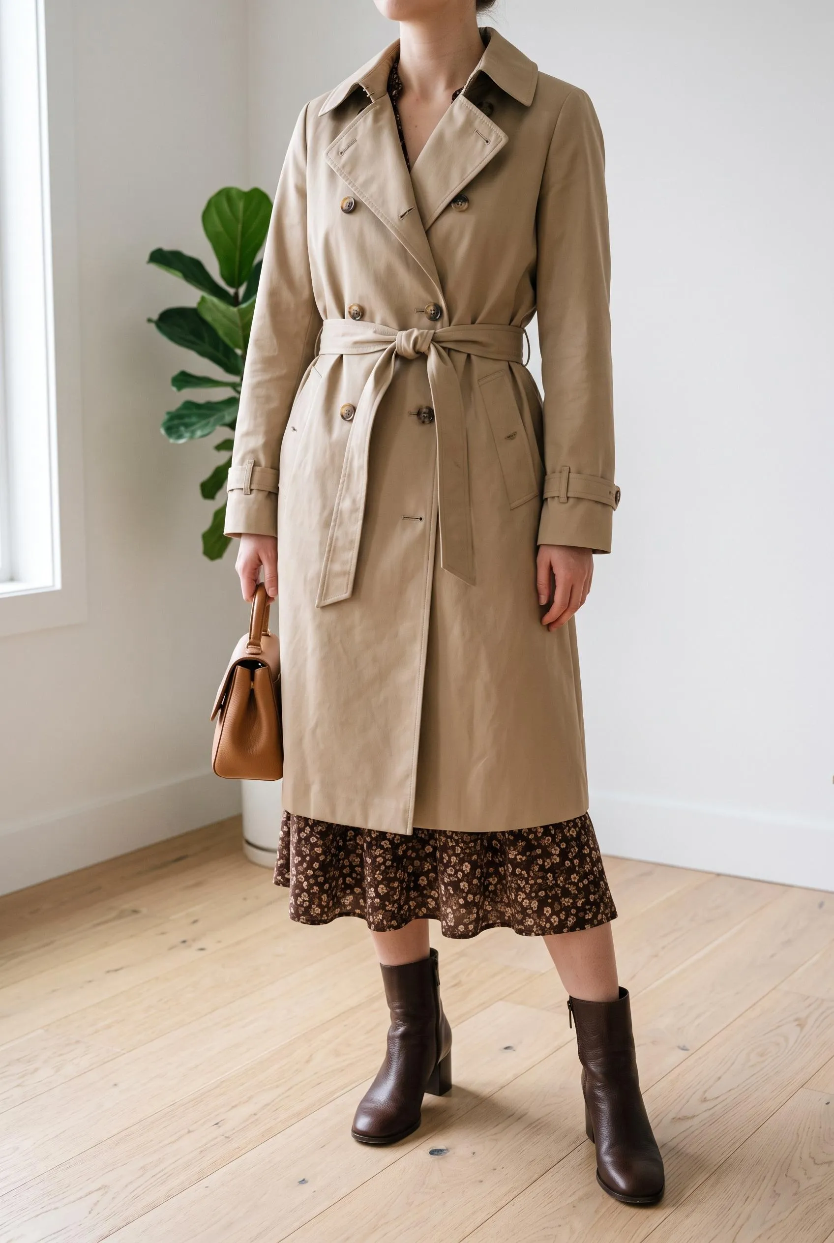 Belted beige trench coat over a brown floral midi dress with dark brown ankle boots