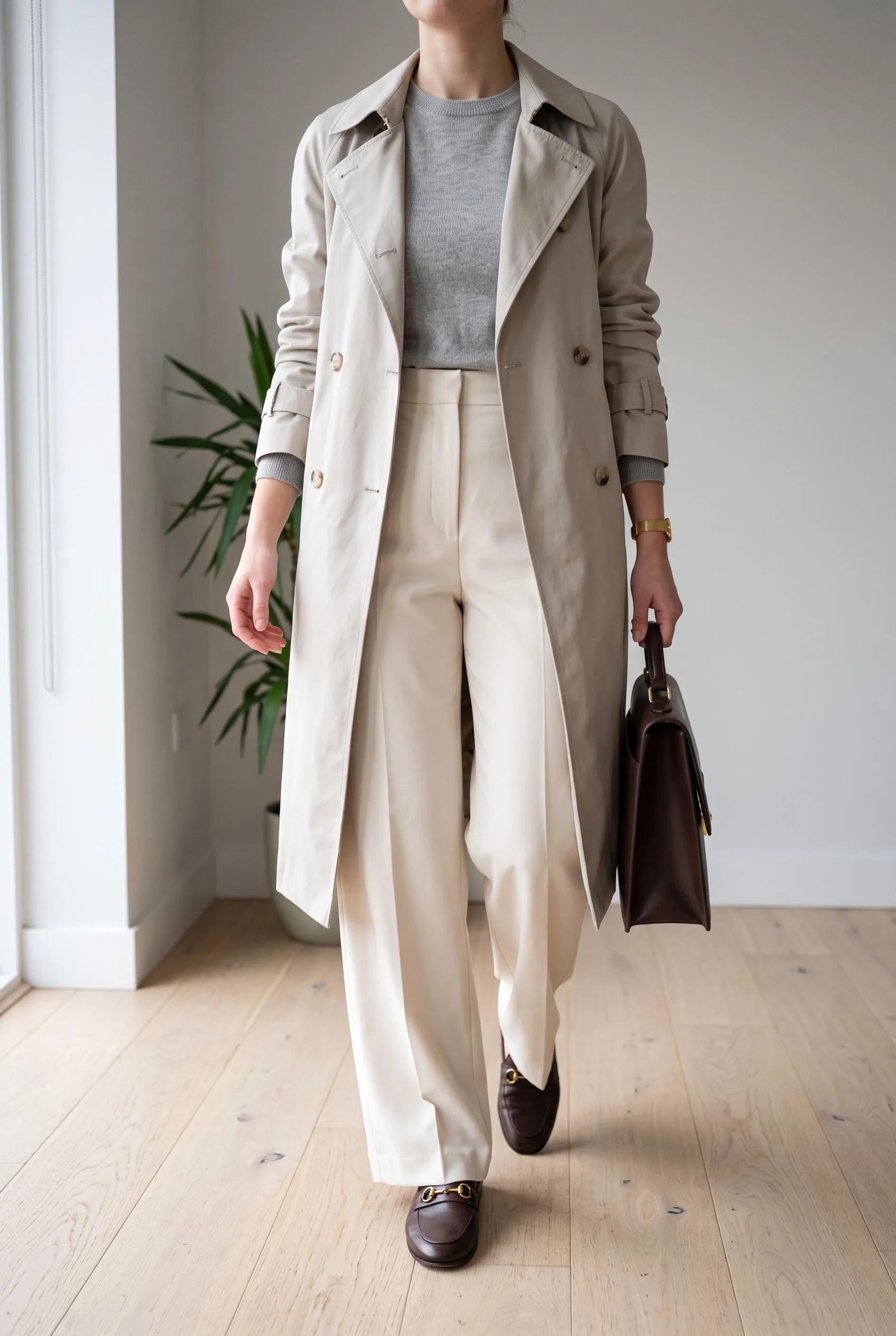 Stone trench coat over a grey knit and cream wide-leg trousers with brown loafers
