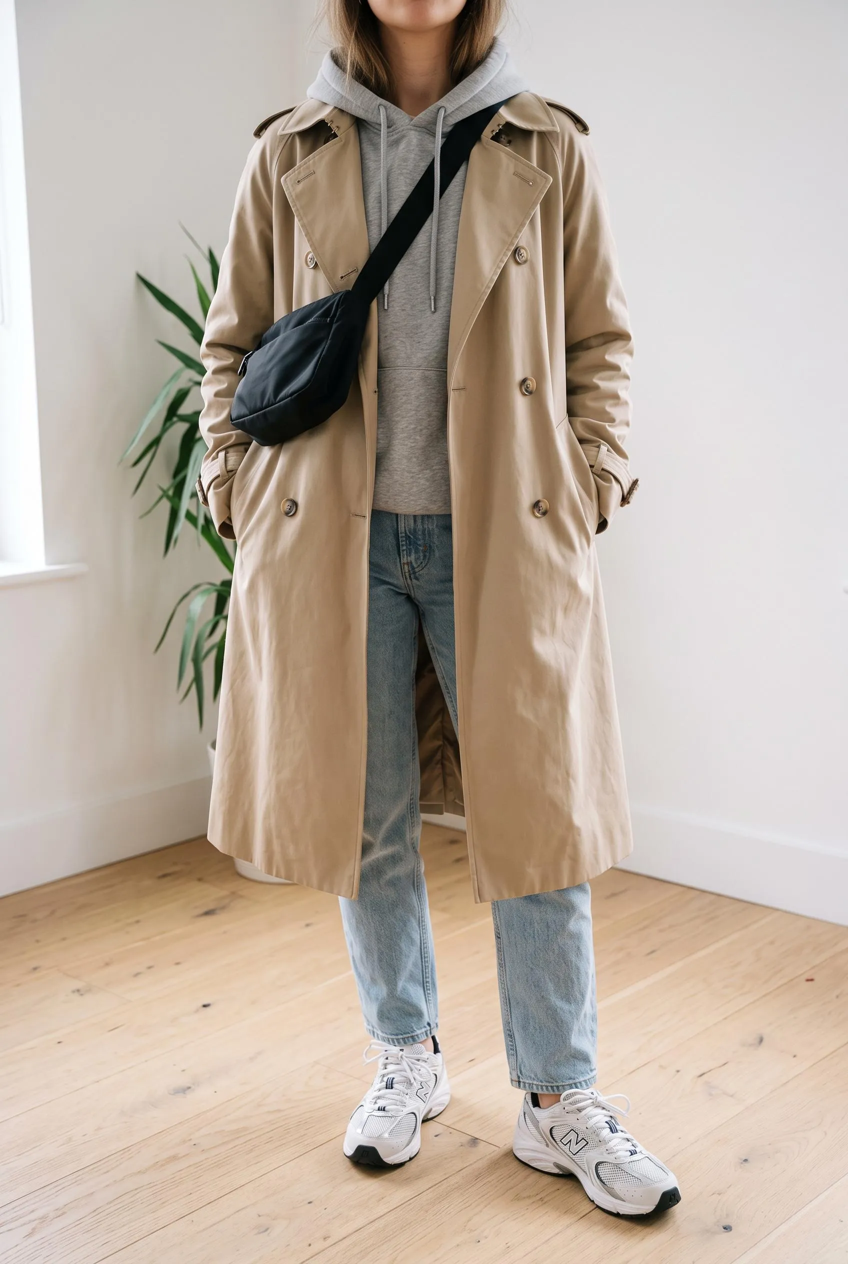 Beige trench coat over a grey hoodie with light-wash jeans and chunky sneakers