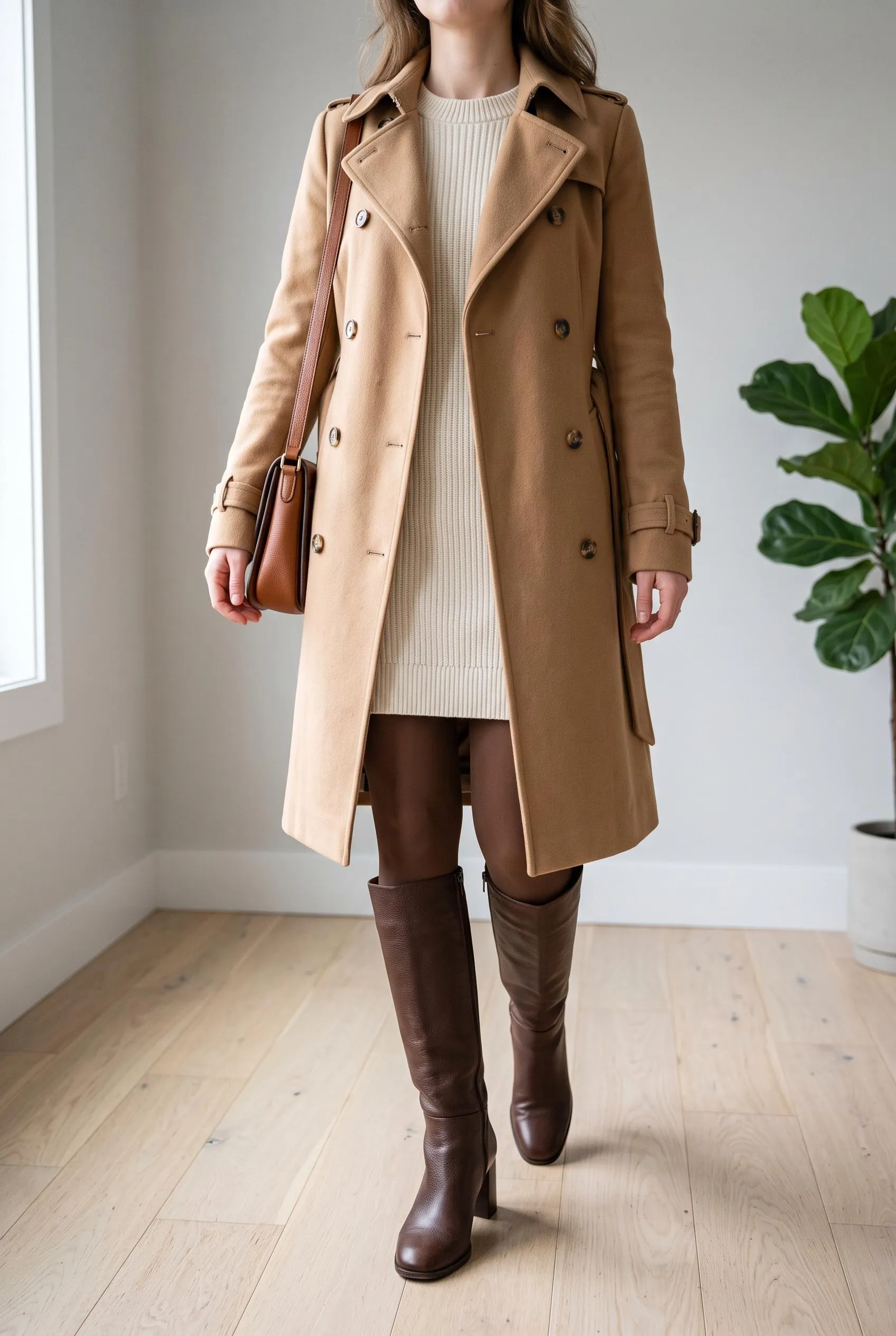 Camel trench coat over a cream sweater dress with brown tights and knee-high boots