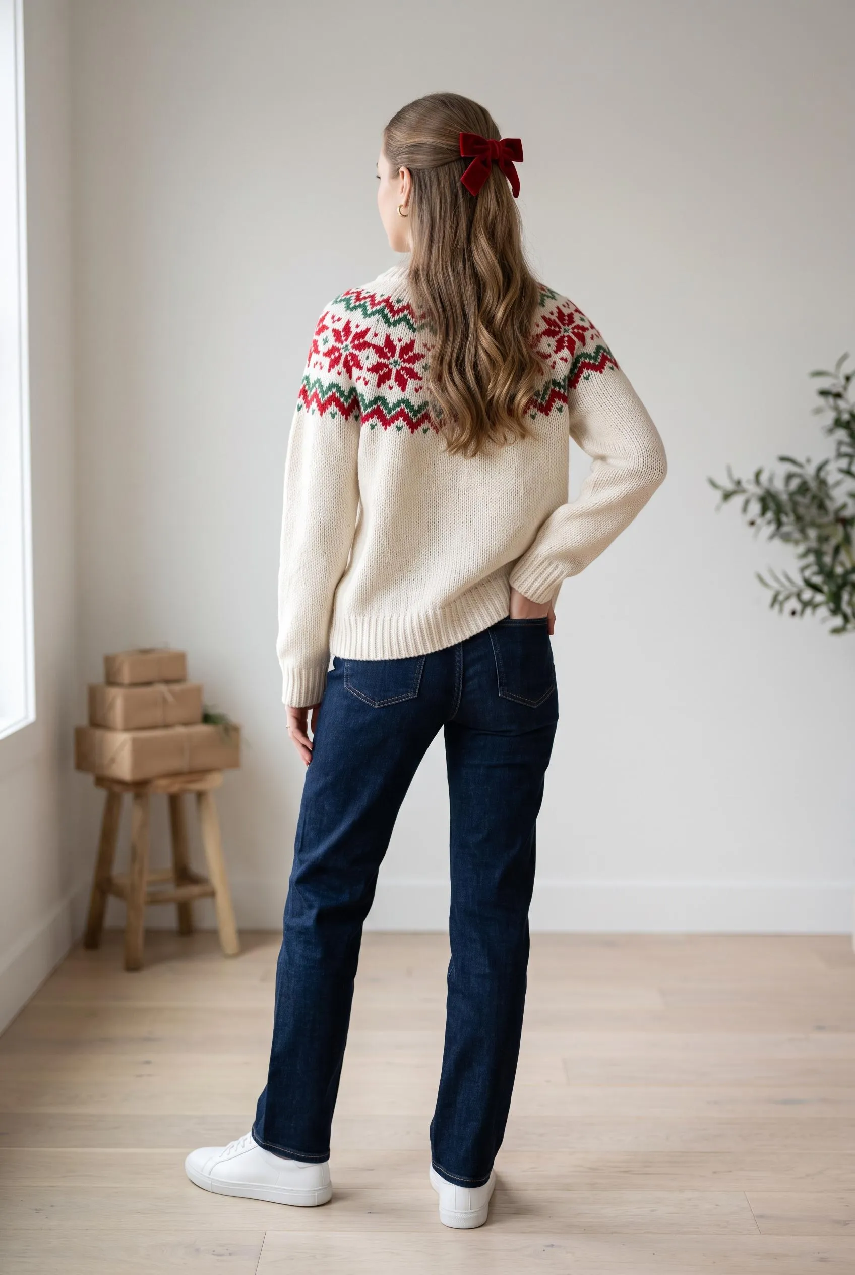 Cream Fair Isle snowflake sweater with dark straight jeans, white sneakers and a red velvet hair bow, seen from behind