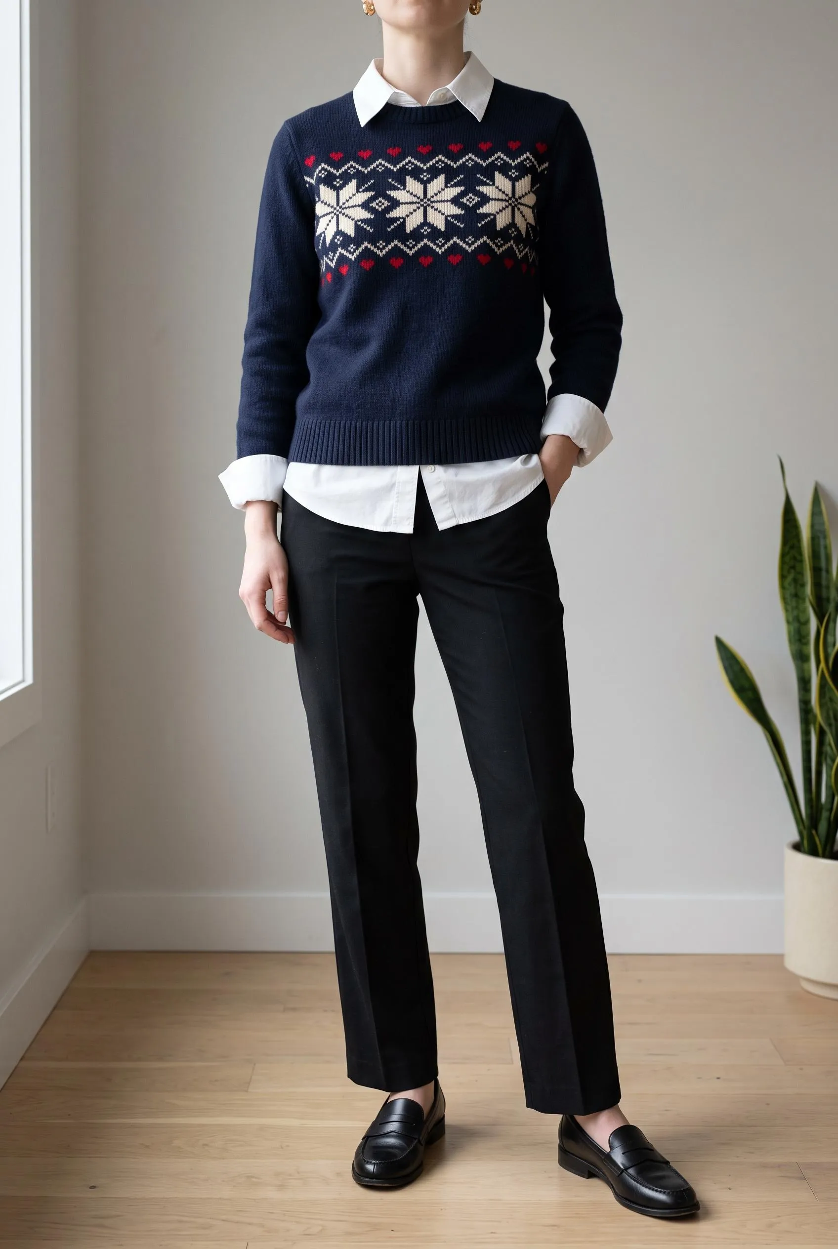 Navy snowflake Christmas sweater over a white collared shirt with black trousers and loafers