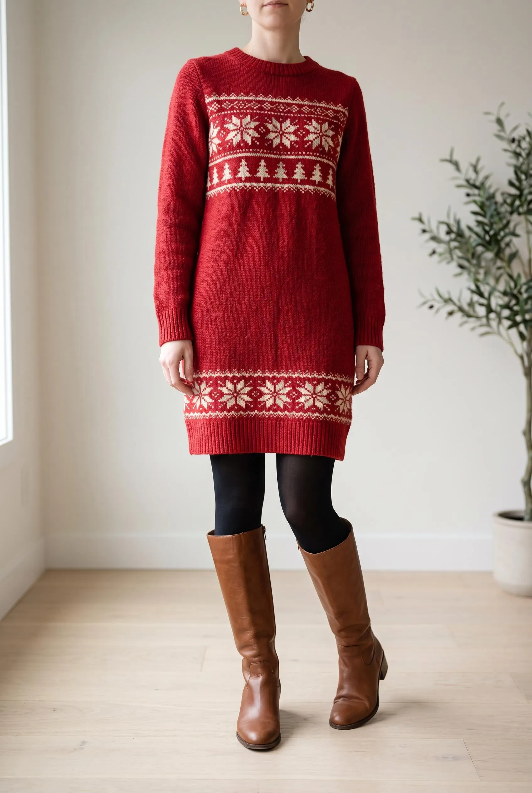 Red Fair Isle knit sweater dress with black tights and cognac knee-high boots