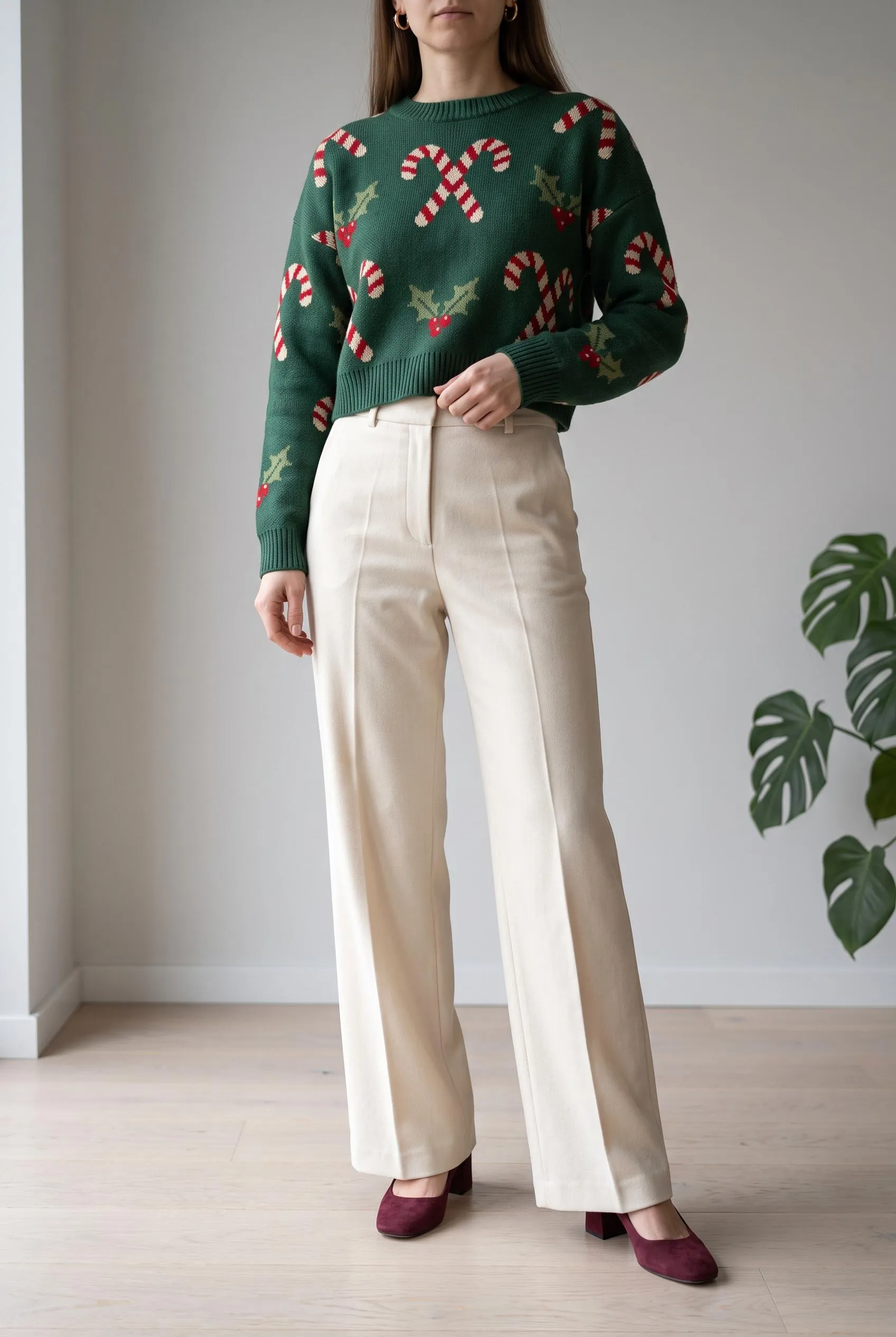 Green candy cane Christmas sweater with cream high-waisted wide-leg trousers and burgundy heels