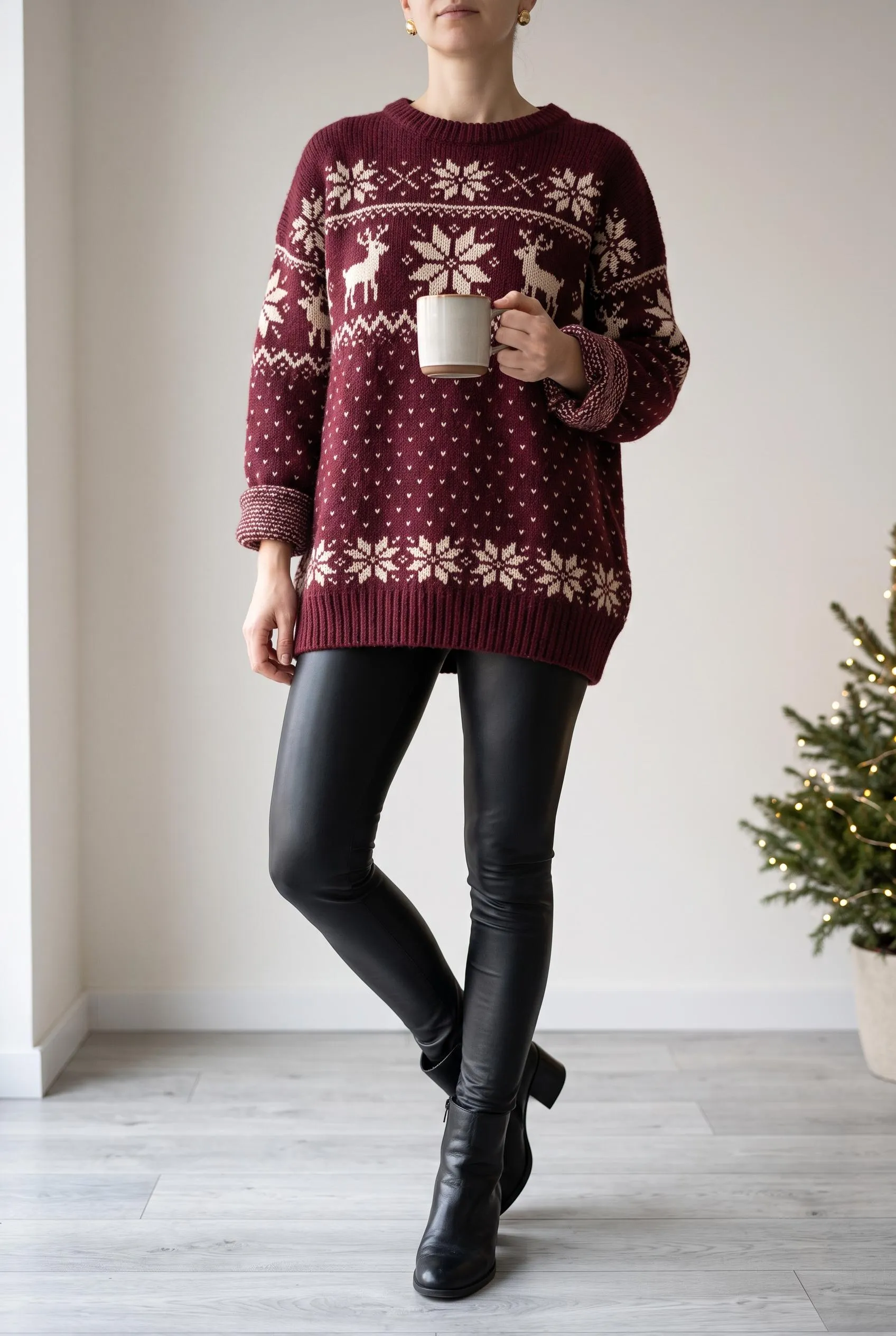 Burgundy oversized reindeer sweater with black faux leather leggings and ankle boots