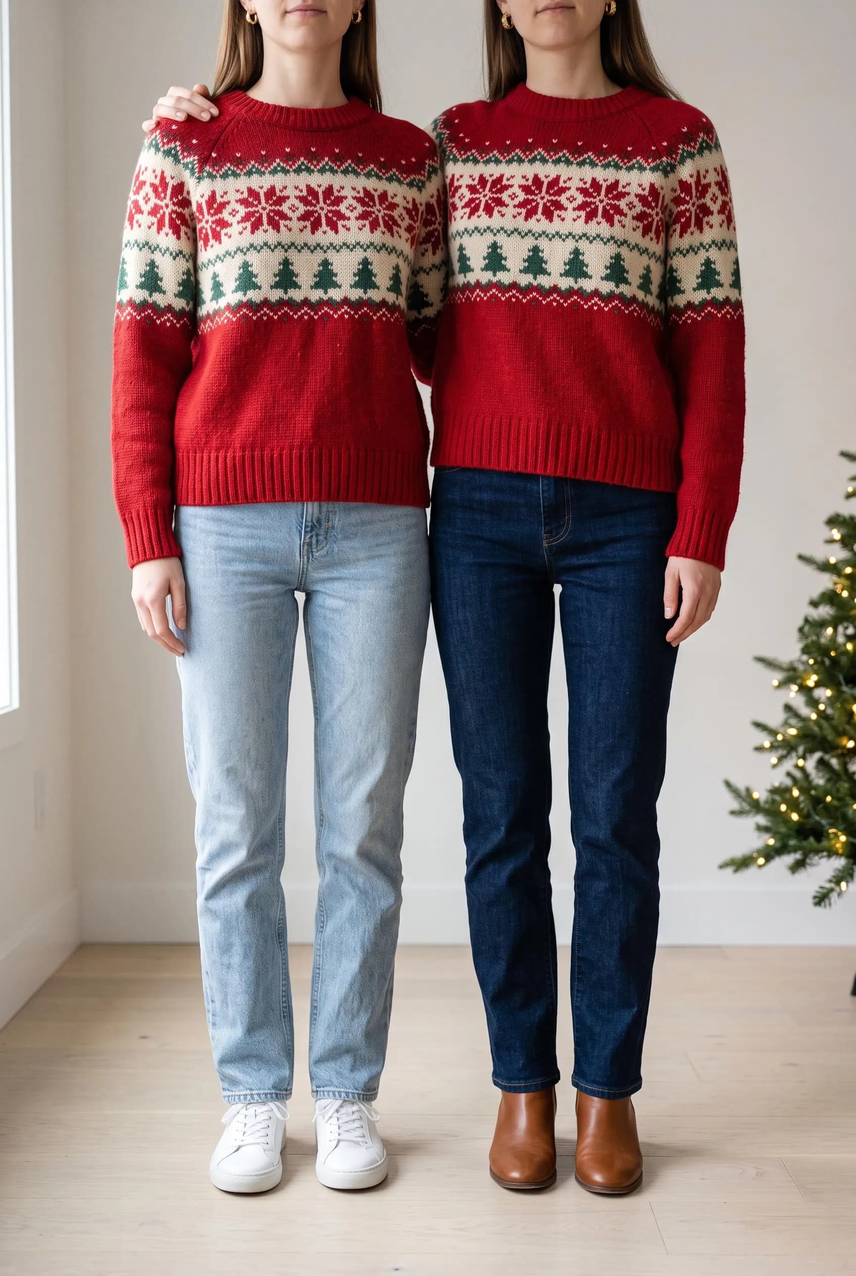 Two friends in matching red Fair Isle Christmas sweaters with light and dark jeans