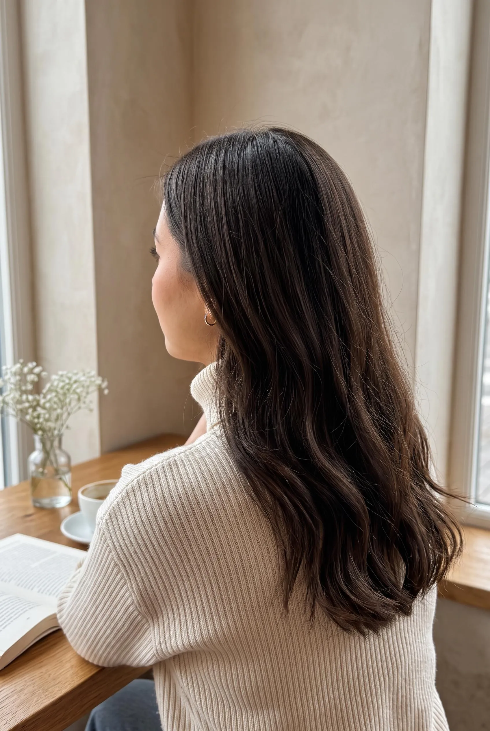 Long glossy expensive brunette hair with soft babylights, seen from behind at a wooden table