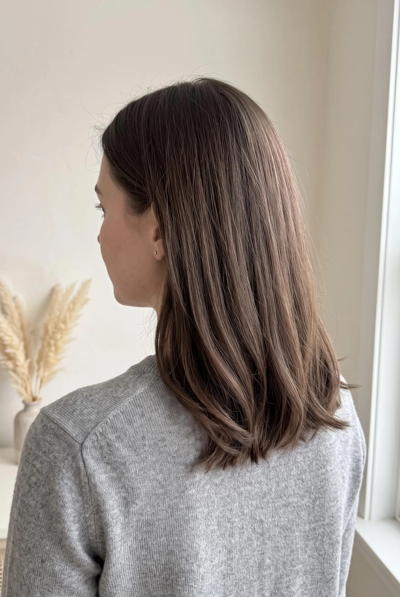 Cool mocha brown lob with an ash tone, seen from behind in a cream room