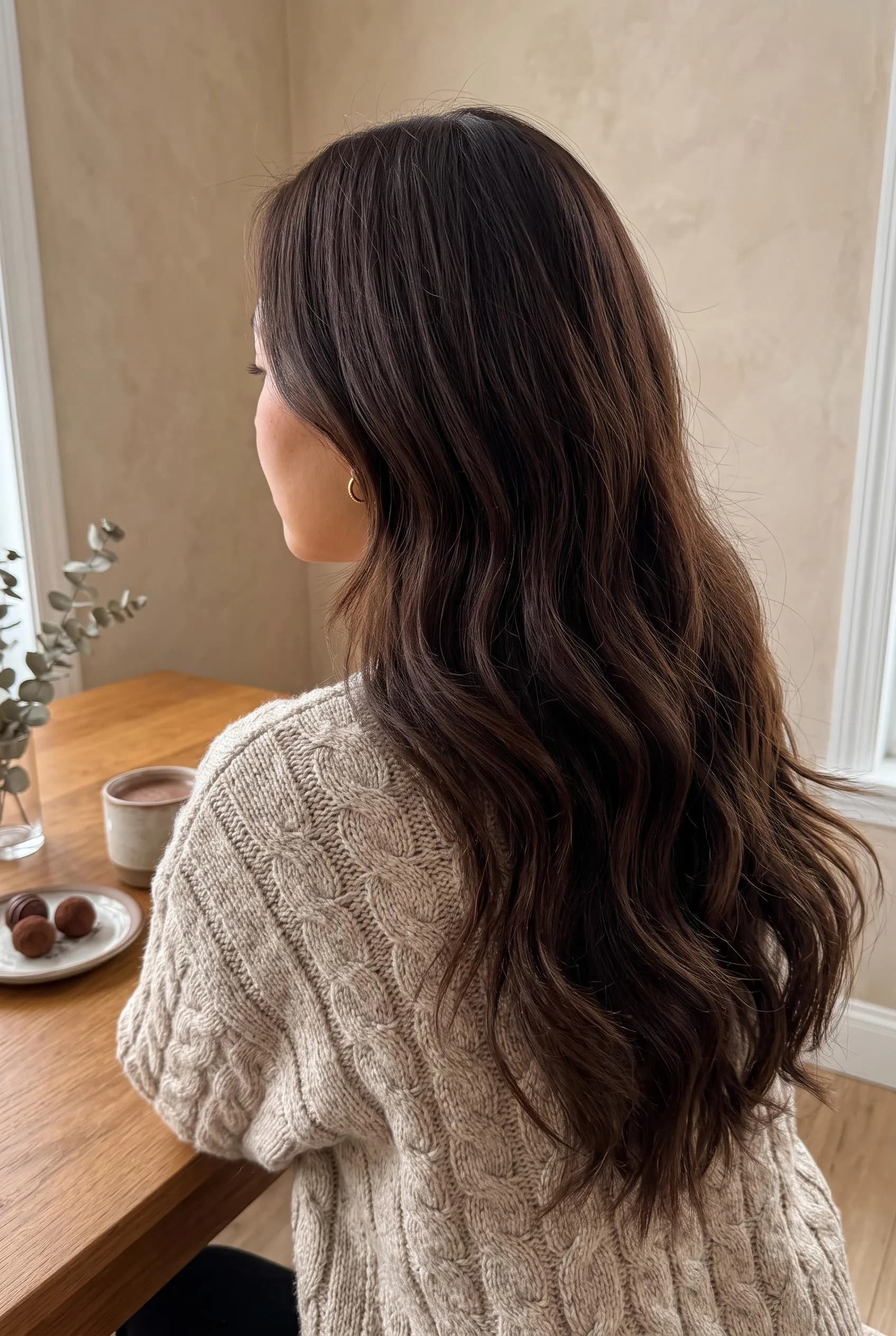 Long wavy chocolate truffle brown hair, seen from behind at a wooden table