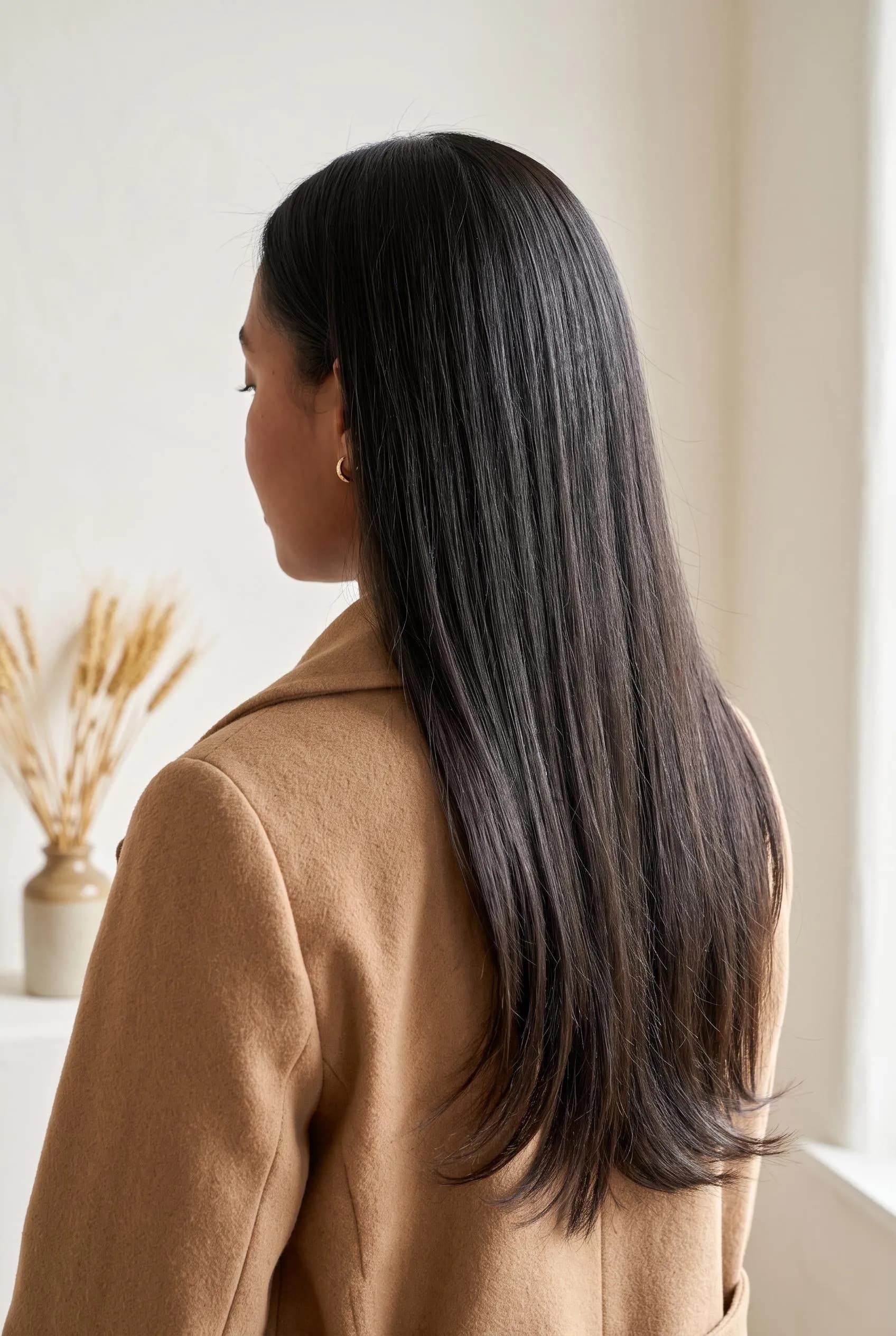 Long sleek straight soft black hair, seen from behind in a cream room
