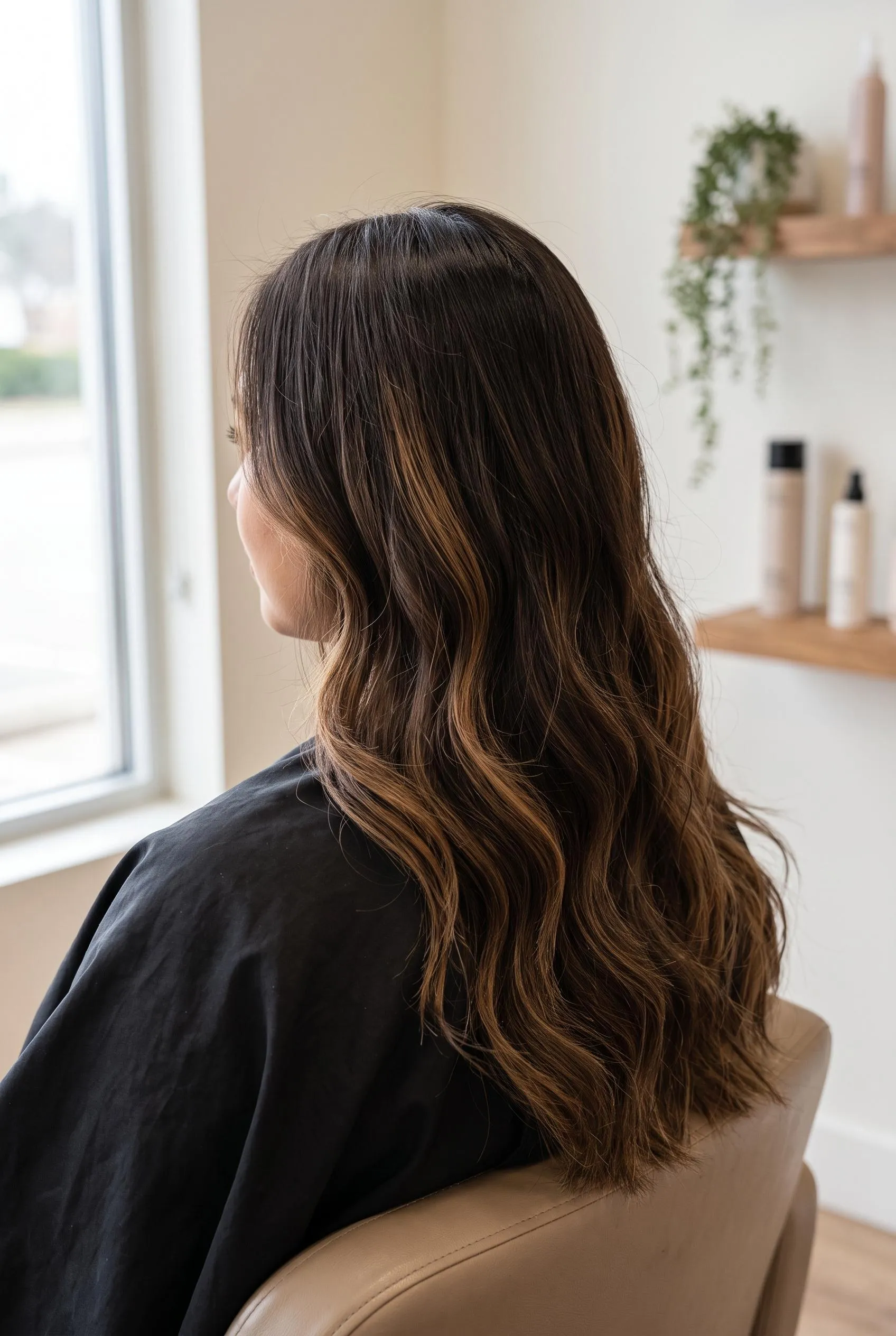Dark brown hair with caramel lowlights through the lengths, seen from behind in a salon