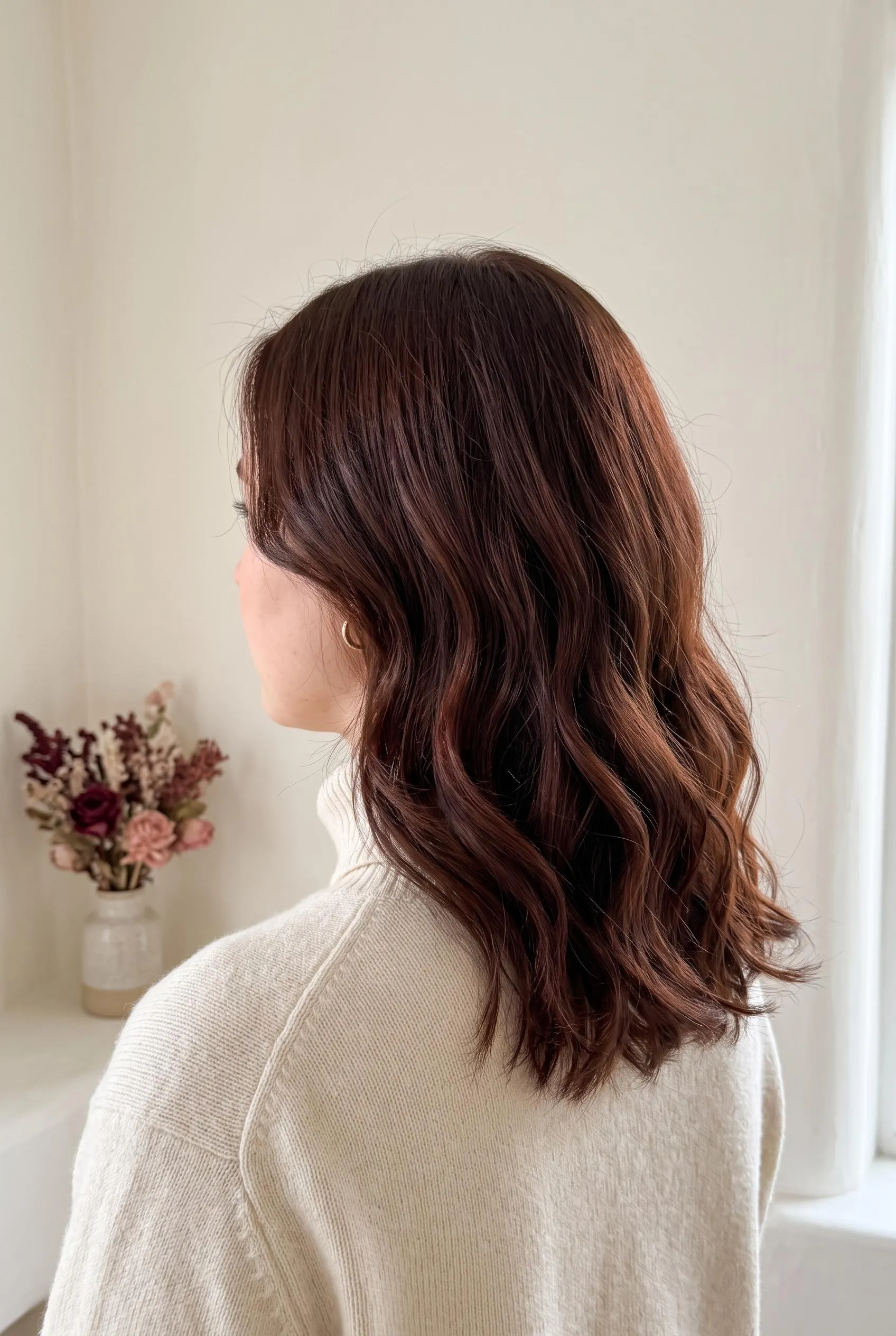 Shoulder-length wavy mahogany brown hair, seen from behind in a cream room